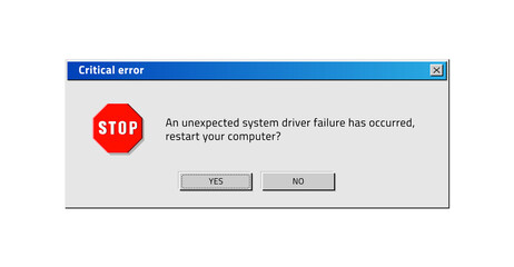 Fototapete - Old computer window. Popup critical error. System reboot request. Classical design of program notification with buttons. Electronics software bug. Warning information. Vector retro pixel illustration