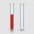 © SpicyTruffel - Test tubes with blood. Realistic laboratory equipment. Pair of empty and full glass vials on transparent background. Lab bottle with red liquid. Isolated medical specimen for experiments, vector set