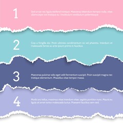 Fototapete - Torn paper banner. Colorful pieces of pages with rip edges. Four steps sequence. Composition of ragged sheets with copy space, lettering and numbers. Vector collage mockup from notepad rough fragments