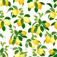 Pattern With Lemons On The Branches.Ripe Lemons On Branches With Green Leaves In A Colored Seamless Pattern.