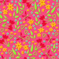 Fototapete - Seamless pattern background with spring floral elements in simple flat hand drawn style. Vector wallpaper on pink background. Flowers, leaves, hearts. Easter, 8 march wallpaper design. textile design