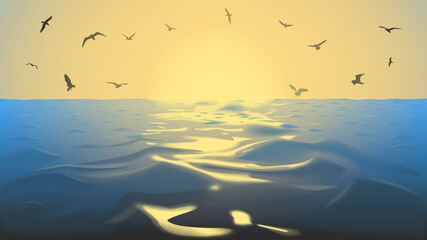 Vector illustration of a sunset in the ocean with birds and the sun in yellow tones copy space