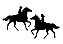 Boy And Girl Wearing Cowboy Hats Riding Running Horses - Ranch Kids Black And White Vector Silhouette Set