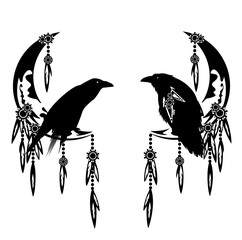 Wall Mural - mystical raven bird and moon crescent decorated with tribal ornament - esoteric spiritual black and 