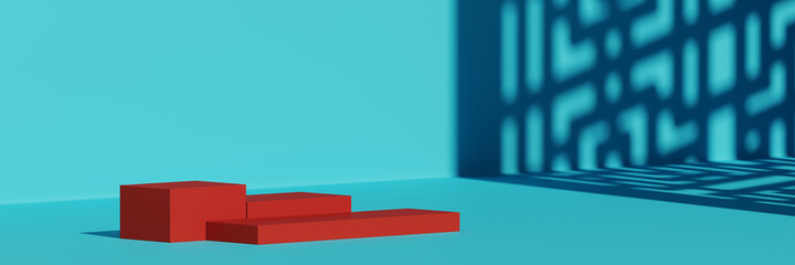 Poster - minimal beauty mockup for product presentation. red podium with chinese pattern shadow on blue backg