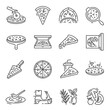 Pizza whole, slices thin line icons set isolated on white. Cooking, baking, packaging, delivery.