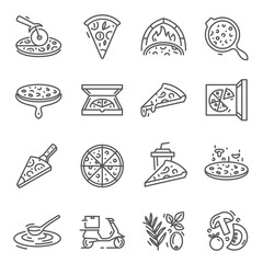 Pizza whole, slices thin line icons set isolated on white. Cooking, baking, packaging, delivery.