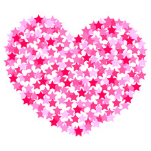 Vector Illustration Isolated On White. Icon Of Heart Consisting Of Many Tiny Pink And Red Stars. Theme Of Love And Valentine's Day. Simple Hand Drawn Doodle Clipart. For Poster, Collage, Card, Banner.