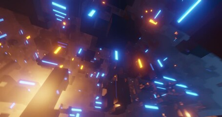 Aufkleber - Industrial Abstract landscape, Flying in VR futuristic city. Retro-futuristic Sci-Fi scene with Orange and Blue lights. Great for VJ, Backgrounds, Projection, Nightclubs, LED. 3D render, 4K loop
