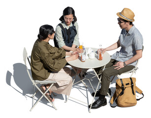 Three friends sitting in a street cafe seen from above isolated on white background