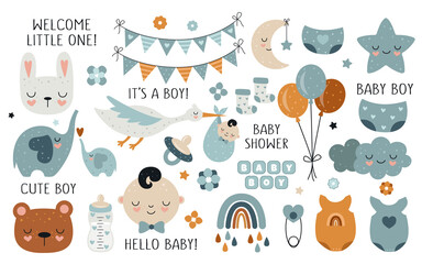 vector hand drawn baby shower collection for boy with cute babies, moon, cloud, rainbow, star for nu