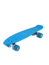 Blue Cruiser Longboard Skateboard Plastboard With Blue Wheels Isolated On White Background, Front View