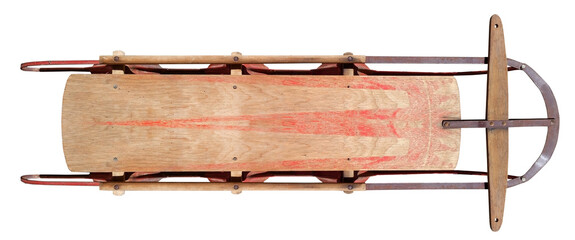 Wall Mural - Vintage, faded wooden sled with metal runners. Isolated.