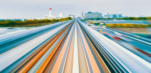 Poster - Abstract high speed technology POV train motion blurred concept from the Yuikamome monorail in Tokyo, Japan