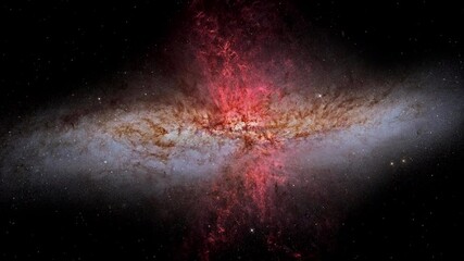 Wall Mural - Approaching to spectacular galaxy rotating in outer space with jet explosion red dust and animated stars in sky. Based on image furnished by Nasa