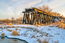 Railroad Timber Trestle Destroyed By River Flooding - St Vrain Creek Near Platteville, Colorado