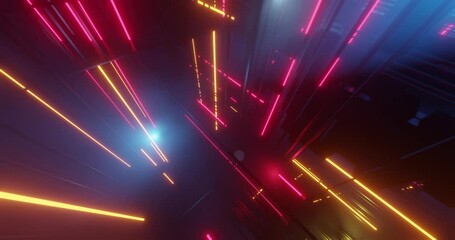 Poster - abstract landscape, flying in vr futuristic city. retro-futuristic sci-fi scene with colorful led or