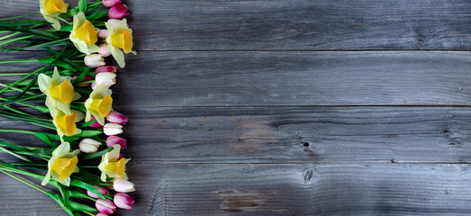 Sticker - Light pink tulips and bright yellow daffodils on rustic wooden planks for Mothers Day or easter concept in flat lay format