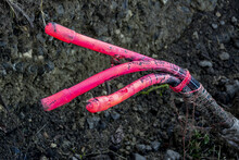 Closeup Shot Of Electric Cables Extremities In Red On The Ground In France