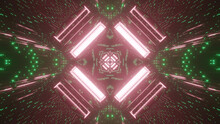 3D Rendering Of Geometrical Bright Neon Pink And Green Fractal Particles
