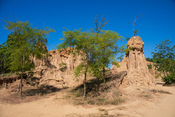 Landscape photo of Sandstone pillars with blue sky at Sao Din Na Noi, Sri Nan National Park, Nan province, Thailand.