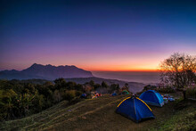 Camping Tents On The Hill At San Pa Kia, Doi Mae Ta Man Viewpoint Located , Chiang Mai, Thailand.