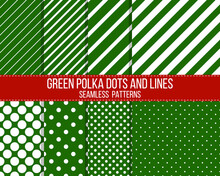Green Polka Dons And Lines Seamless Vector Patterns Set