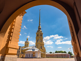 Peter and Paul Cathedral in Saint Petersburg. Orthodox cathedrals in Russia. Peter and Paul Cathedral on a blue sky background. Saint Petersburg on a summer day. Orthodox sights of Russia.