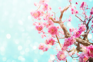 Wall Mural - Beautiful cherry blossom flowers over blurred background. Spring season concept