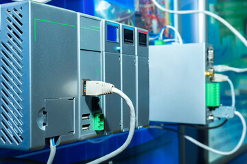 Poster - network equipment close-up. rear panel of equipment with network cables. server equipment. equipping