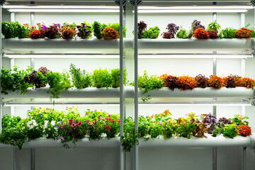 Growing medicinal plants in a greenhouse. Laboratory greenhouse. Greenhouse in a biological laboratory. Multicolored plants on white shelves. Concept - growing herbs and flowers for research.