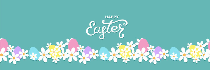 Easter border. Cute horizontal seamless pattern with flowers, easter eggs and hand lettering. Beautiful background great for Easter cards, banner, textiles, wallpapers. Vector illustration.