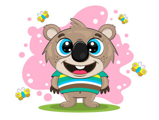  Cartoon koala in a striped T-shirt, against the background of flying butterflies. Colorful children's illustration.