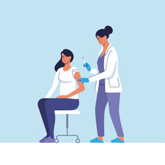 Wall Mural - Coronavirus vaccination. Woman getting vaccinated against Covid-19 in hospital. Doctor giving Corona virus vaccine injection injecting patient. Vector illustration.