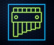 © Kostiantyn - Glowing neon line Pan flute icon isolated on brick wall background. Traditional peruvian musical instrument. Folk instrument from Peru, Bolivia and Mexico. Vector.