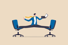 Flexible Work, Let Employee Manage Their Working Time To Finish Project Concept, Smart Relax Businessman Working With Laptop Computer Stretching His Leg Between Chairs Balance Like Yoga.