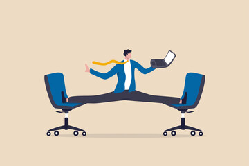 Flexible work, let employee manage their working time to finish project concept, smart relax businessman working with laptop computer stretching his leg between chairs balance like yoga.