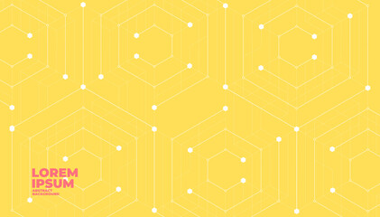 Poster - abstract hexagonal molecular structures on yellow background with copy space.