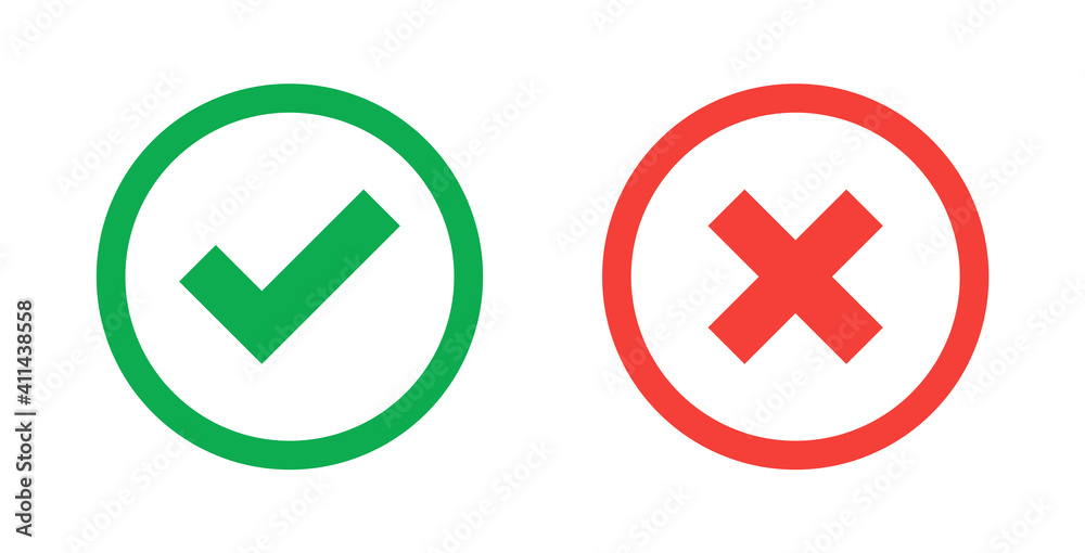Green check mark and red cross icon.Set of simple icons in flat style: Yes/No, Approved/Disapproved, Accepted/Rejected, Right/Wrong, Correct/False, Green/Red, Ok/Not Ok. Vector illustration. - obrazy, fototapety, plakaty 