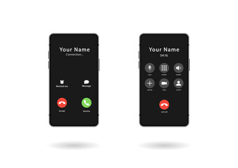 Two smartphones. Phone call screen installed. Accept button, reject button. Incoming call. Interface. Phone call screen template mockup. Vector illustration