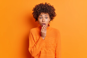 Wall Mural - Indoor shot of shocked young curly African American woman dressed in casual jumper keeps mouth opened from amazement reacts amazing news isolated over orange background. Human reaction concept