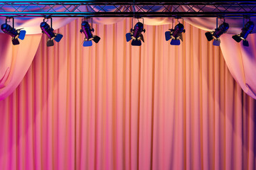 Wall Mural - red theater curtains with spotlights. 3d
