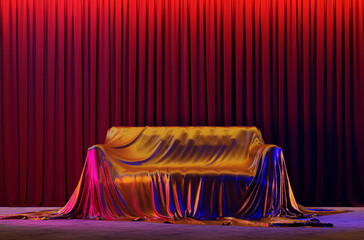 Wall Mural - theater stage with a sofa covered in golden drapery. 3d