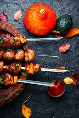 Canvas Print - Kebabs with meat and pumpkin