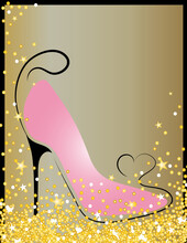 Vector Illustration Of Invitation Card With High Heel Shoes. Symbol Of Model And Fashion.