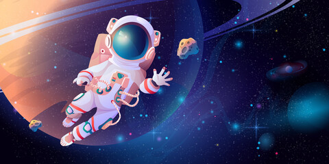 Poster - Astronaut in spacesuit with helmet discovering outerspace. Vector cartoon cosmonaut science in cosmos, planet and stars on background. Exploration of space, floating interstellar, cosmic adventures