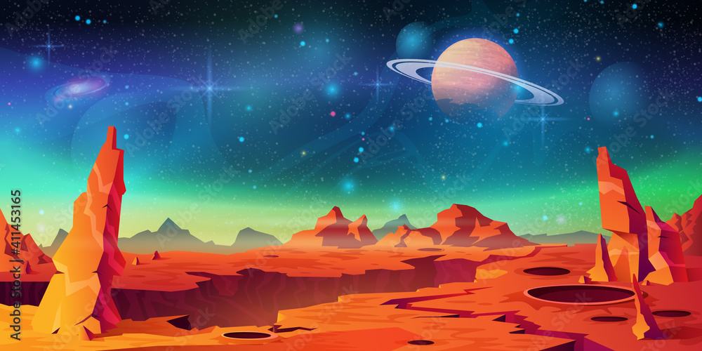 Mars surface landscape, alien planet background, Saturn on starry sky. Vector red desert with mountains, craters and shining stars. Martian extraterrestrial computer game backdrop, cartoon world