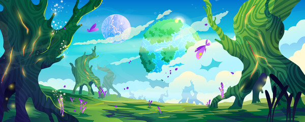 Alien planet landscape, fantastic habitable world vector cartoon background. Fairy tale trees and butterflies, sky and globes, animals, plants. Glowing miracle tree, bubbles in air, ui game backdrop