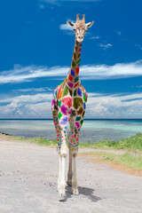 Poster - Arlequin painted carnival Giraffe coming to you on deep blue sky background