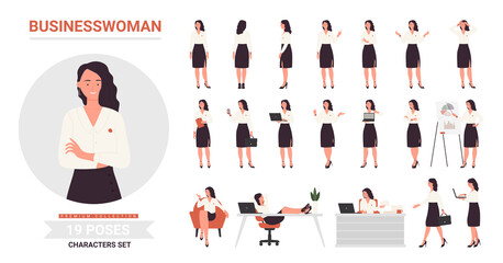 businesswoman character poses infographic vector illustration set. cartoon front side and back view 